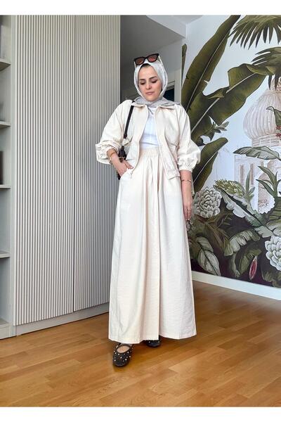 Aselim Hijap Moda Ceketli Etekli Takım Fermuarlı  Bej