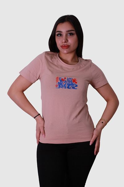 trender Model de tricou de damă bej cu imprimeu găleată albastru-roșu