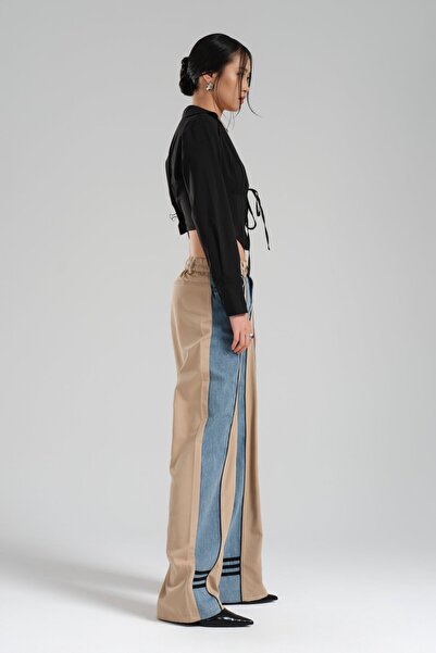 tw3 Γυναικείο τζιν δύο χρωμάτων με φαρδύ πόδι και ελαστικό πίσω μέρος