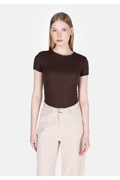 Colin's Slim Fit Round Neck Solid Women's Brown Short Sleeve T-Shirt