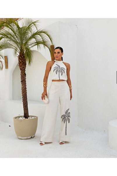 Butik Şenel Palm Tree Pattern Printed Halter Collar Trousers Suit