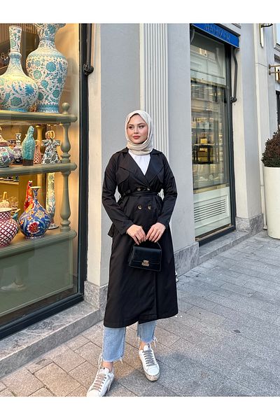 VOLT CLOTHİNG Women's Shawl Collar Buttoned Long Trench Coat