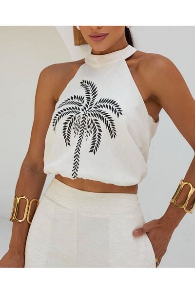 Butik Şenel Palm Tree Pattern Printed Halter Collar Trousers Suit