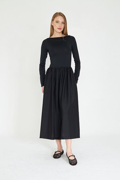 SevdeUgur Γυναικείο Maxi Length Stretchy πλεκτό τοπ και φούστα ποπλίνα Κομψό μαύρο φόρεμα / Sevde Ugur