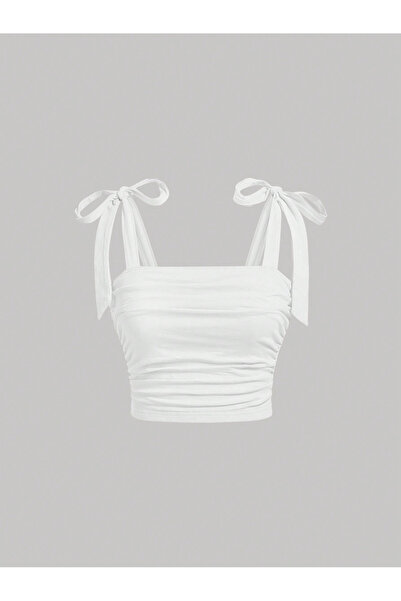 Marin Star Καλοκαιρινό Crop Top με Λευκό Φιόγκο, Μπλούζα με λουράκι ώμου και ...