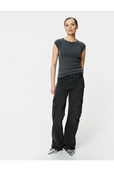 Koton Cap Sleeve Crew Neck T-Shirt Cotton Ribbed Slim Fit