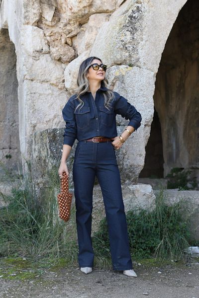 bytugcekaya Cămașă lungă de jeans albastru închis cu buzunar