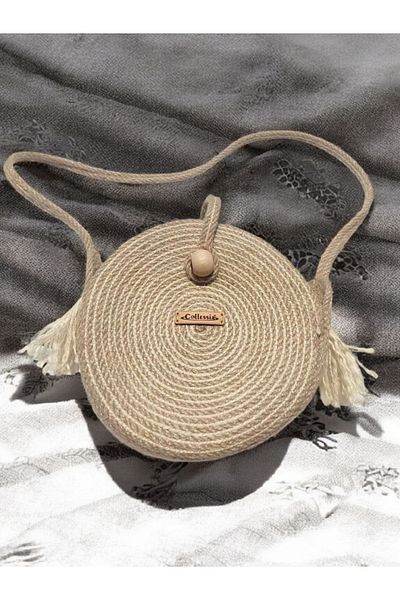 CollessiaHome Geantă de umăr 100% organică pentru femei Geantă de iută Geantă de umăr cu ciucuri 20 cm