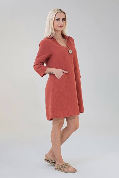 Fashion Showcase Φόρεμα από φυσικό βαμβακερό μανίκι τούνελ μουσελίνας με τσέπη μπροστά - πλακάκι