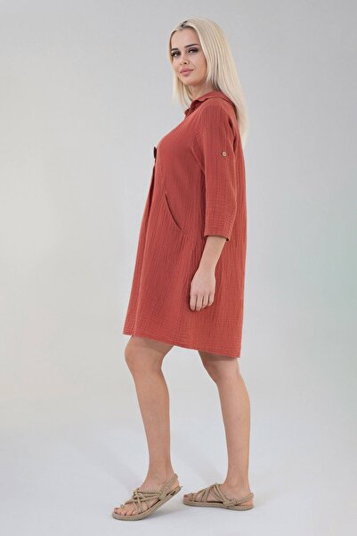 Fashion Showcase Φόρεμα από φυσικό βαμβακερό μανίκι τούνελ μουσελίνας με τσέπη μπροστά - πλακάκι