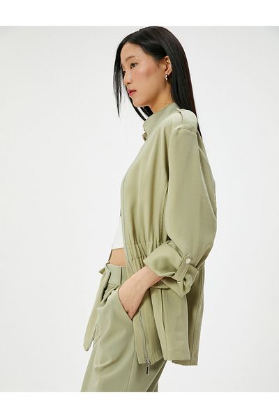 Koton Ada Tea Trench Coat - Zippered, Rubber Waist, Flap Pocket, Stand Collar 4SAK00001EW