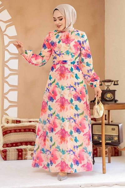 Neva Style Floral Patterned Fuchsia Hijab Dress 27993F
