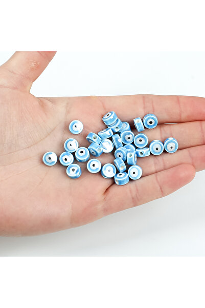 yfhobi 1 Adet - 8 mm Yuvarlak Nazar Desenli Porselen Boncuk, Mavi Renk Porsel...