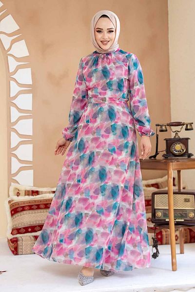 Neva Style Floral Patterned Fuchsia Hijab Dress 27994F