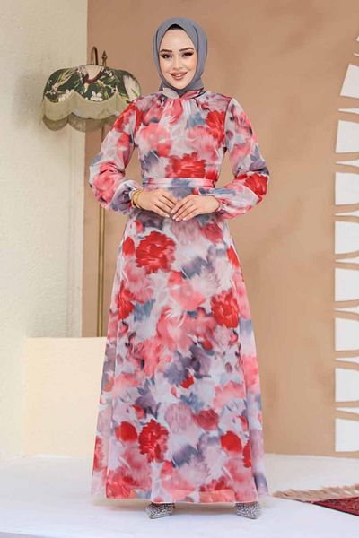 Neva Style Floral Patterned Red Hijab Dress 27990K