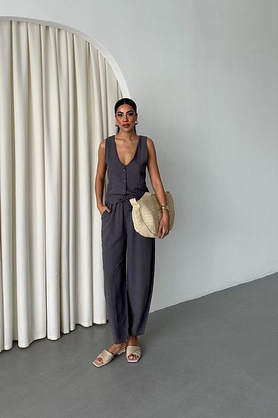 Stil Reyonu Linen Fabric Vest Pants Set