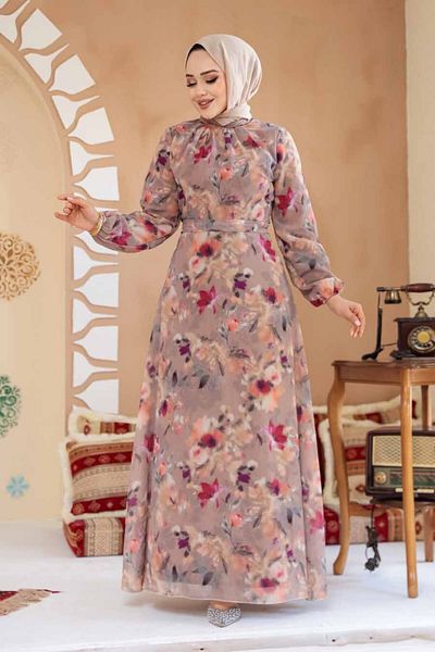 Neva Style Floral Patterned Camel Hijab Dress 27987C