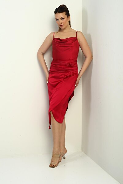 By Saygı Women's Rope Strap Draped Lined Asymmetrical Midi Dress