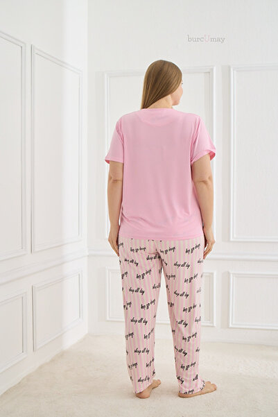 Burcumay Women's Plus Size Print Short Sleeve Stretchy Soft Textured Pink Summer Pajama Set