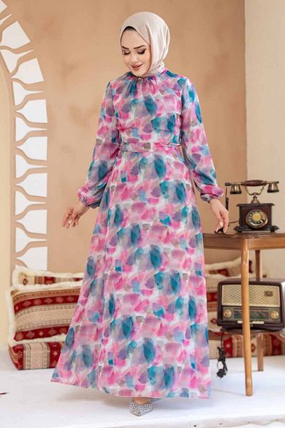 Neva Style Floral Patterned Fuchsia Hijab Dress 27994F