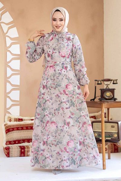 Neva Style Floral Patterned Mink Hijab Dress 27998V