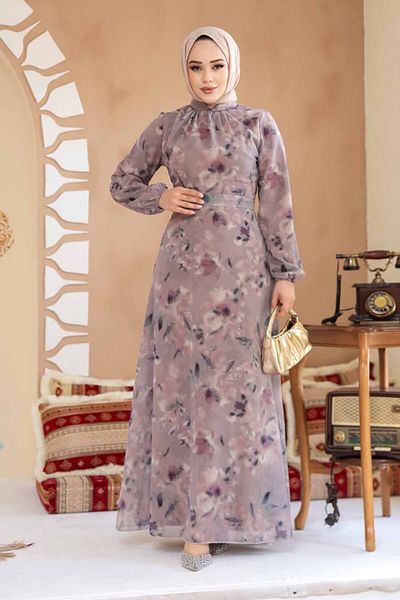 Neva Style Floral Patterned Dusty Rose Hijab Dress 27987Gk
