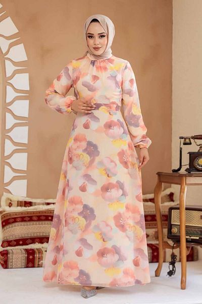 Neva Style Beige Hijab Dress Floral Patterned # Project Content # :