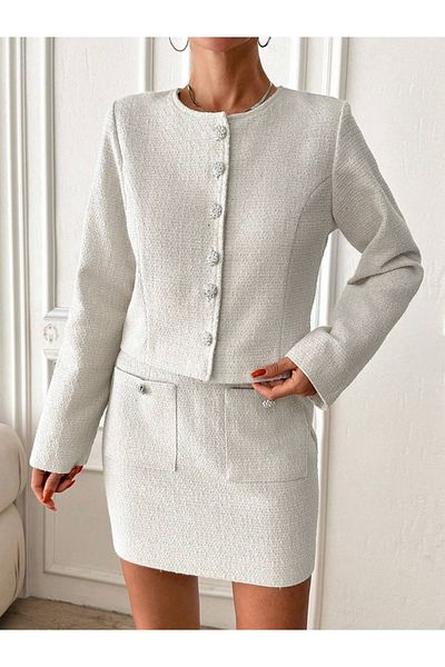 mass fashion Women's Tweed Jacket and Skirt Set