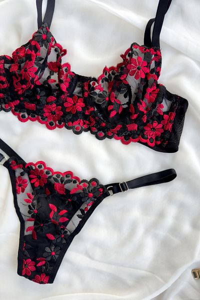 G&H UNDERWEAR - Μαύρο κόκκινο φλοράλ σουτιέν Σετ 2 τεμ