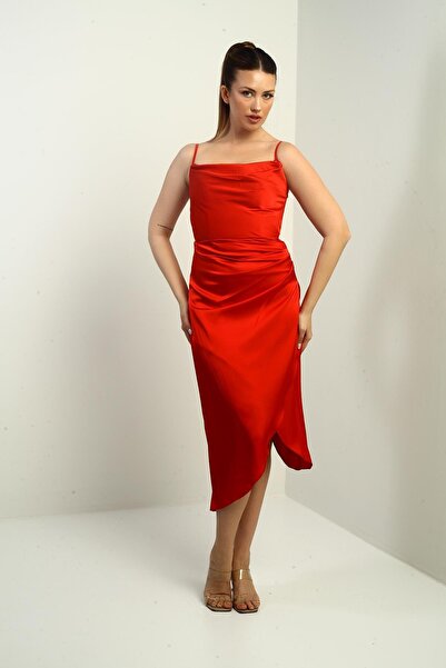 By Saygı Women's Rope Strap Draped Lined Asymmetrical Midi Dress