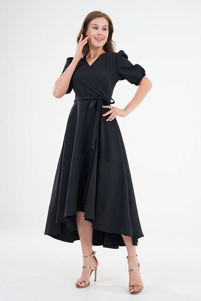 Secret Passion Lingerie Curea flexibilă din material Atlas, cu croială asimetrică detaliată, guler dublu, rochie midi neagră 410