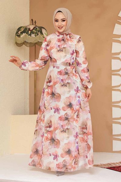 Neva Style Floral Patterned Beige Hijab Dress 27996