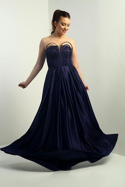 By Saygı Women's Strapless Lined Front Underwire Pocket Flared Long Satin Evening Dress