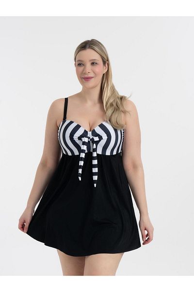 AQUAVİVA Aquaviva Women's Large Size Black Thick Striped Gloria Gathering Dress Swimsuit