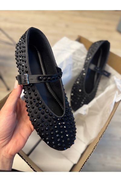 MYVOLANTE Black Satin Stone Women's Ballerinas