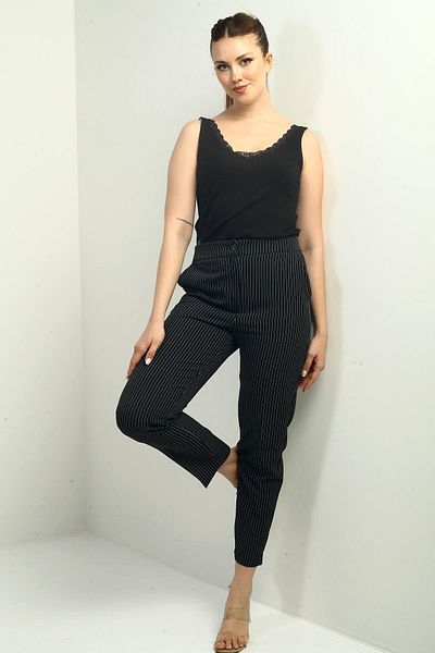 By Saygı Women's Elastic Waist Pocket Neck Striped Skinny Trousers