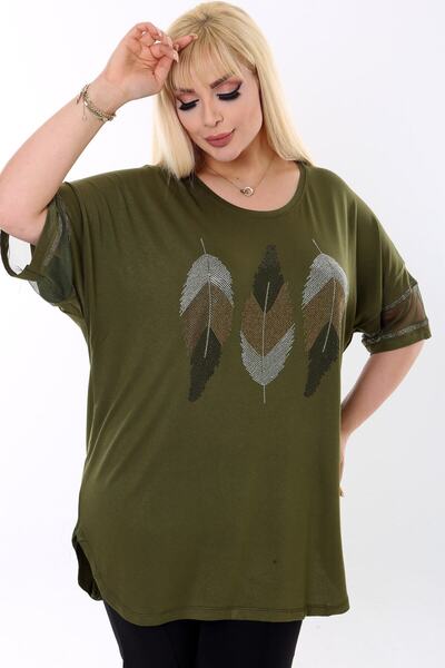 Kheos Μπλούζα με πέτρινο μοτίβο με φύλλα από τούλι με κοντό μανίκι με στρογγυλή λαιμόκοψη Casual Lycra Stretchy Plus Size