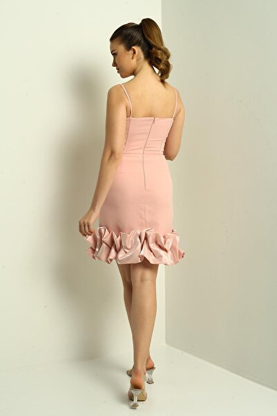 By Saygı Women's Rope Strap Lined Skirt Satin Draped Short Crepe Dress