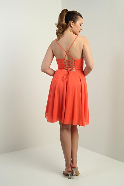 By Saygı Women's Rope Strap Back Tie Front Window Lined Chiffon Short Flared Dress