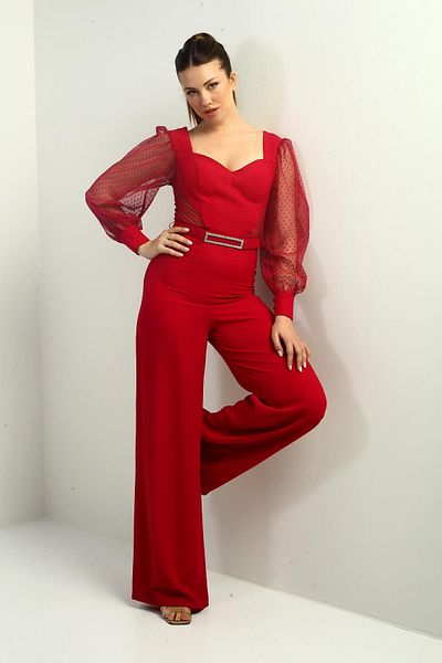 By Saygı Women's Sweetheart Neck Long Tulle Sleeve Belted Palazzo Crepe Jumpsuit
