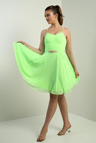 By Saygı Women's Rope Strap Back Tie Front Window Lined Chiffon Short Flared Dress