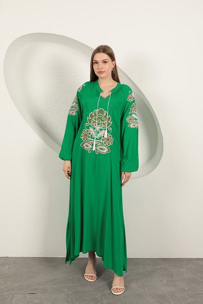 Kadınle Viscose Fabric Embroidered Dress-Green