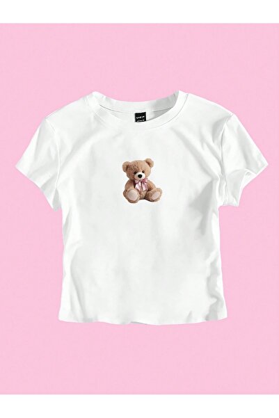 OVER HEAD Tricou Crop pentru femei cu ursuleț alb cu imprimeu pentru bebeluși