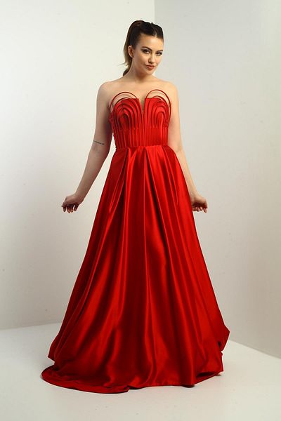 By Saygı Women's Strapless Lined Front Underwire Pocket Flared Long Satin Evening Dress