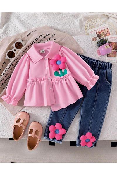 ipekkids Flower Detail Poplin Shirt Jeans Pants Combination