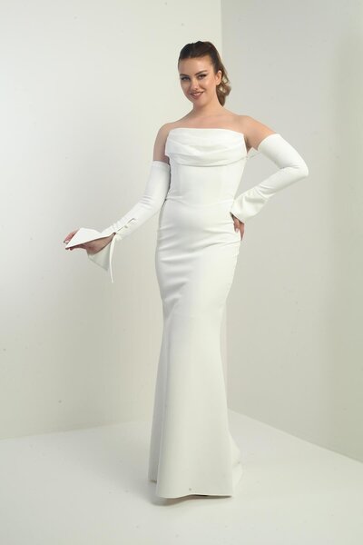 By Saygı Women's Strapless False Sleeves Interlining Lined Crepe Long Evening Dress