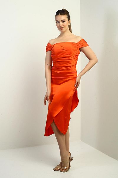 By Saygı Women's Madonna Collar Draped Asymmetrical Satin Short Dress