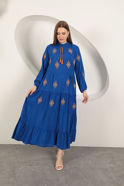 Lukas Viscose Fabric Crispy Embroidered Dress-Sax