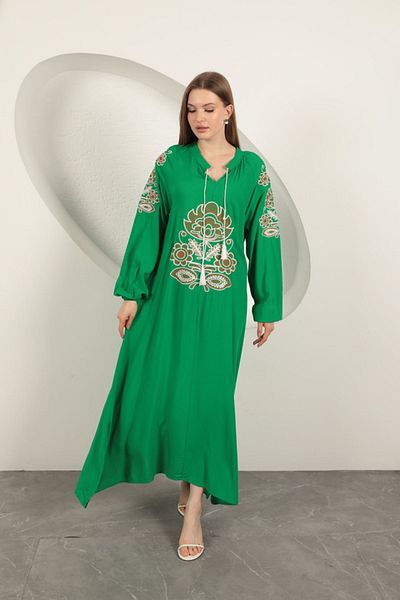 Kadınle Viscose Fabric Embroidered Dress-Green