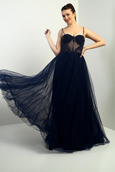 By Saygı Women's Rope Strap Lined Chest Pleated Beading Embroidered Long Prin...